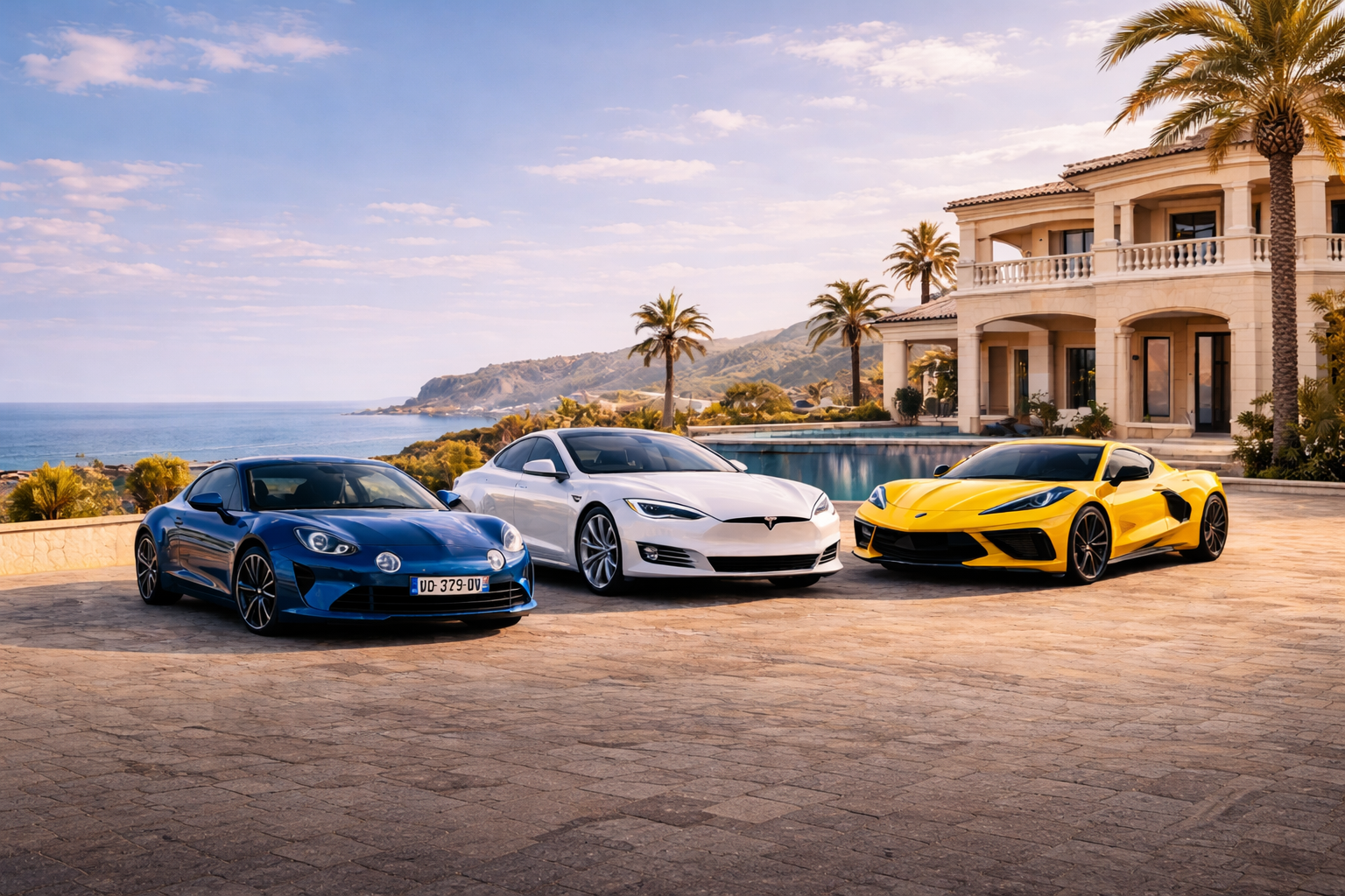 Alpine A110, Tesla Model S et Corvette C8 devant une villa sur la Côte d’Azur